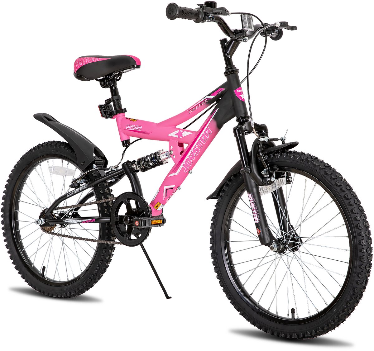 joystar contender full suspension kids mountainbike 20 handrem rem bel spatborden roze