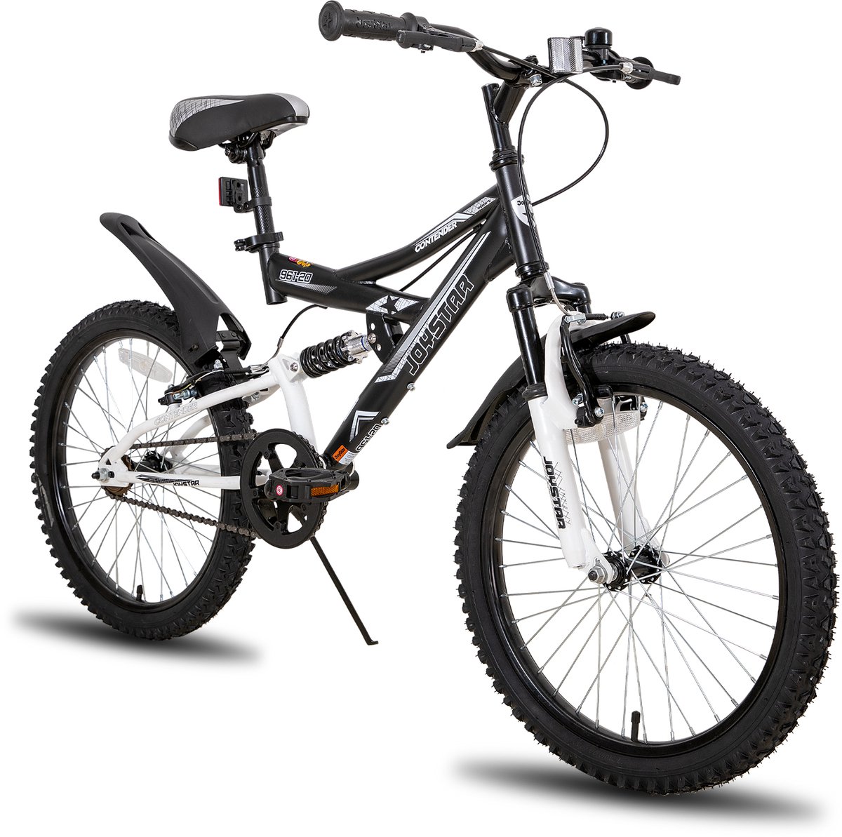 joystar contender full suspension kids mountainbike 20 handrem rem bel spatborden zwart
