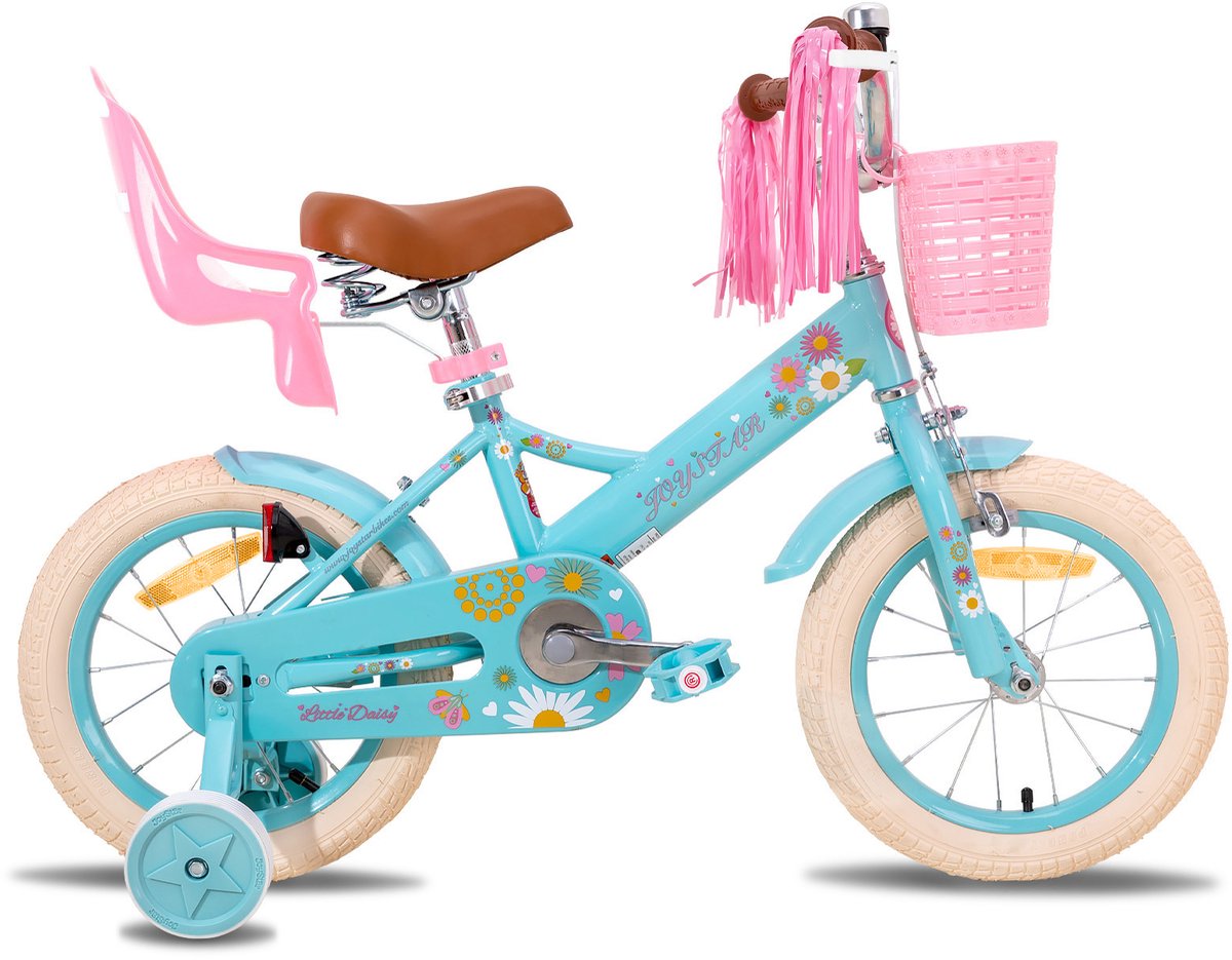 joystar little daisy meisjesfiets 16 inch mandje poppenzitje zijwieltjes bel handrem blauw