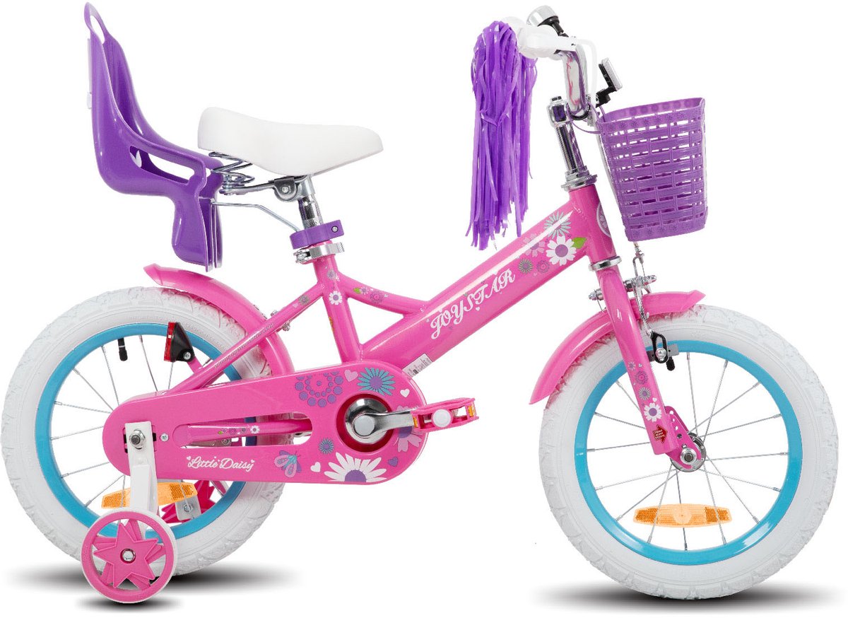 joystar little daisy meisjesfiets 16 inch mandje poppenzitje zijwieltjes bel handrem fuchsia