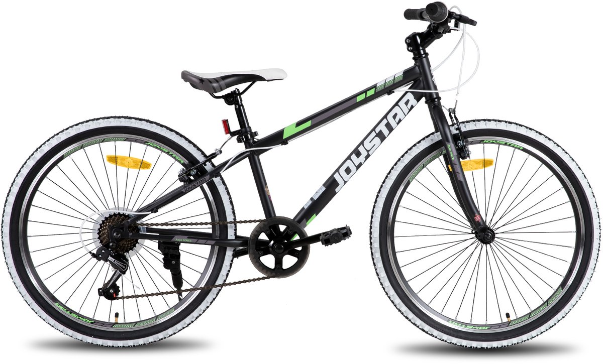 joystar lubbock s 24 kinder hardtail mountainbike 7 versnellingen v brake witte noppenbanden zwart