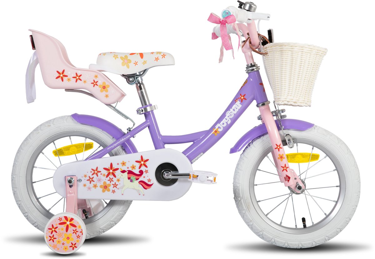 Joystar Unicorn Kinderfiets voor Meisjes - 14 Inch - Mand - Zijwieltjes - Bel - Handrem - Paars Kinderfiets kopen online