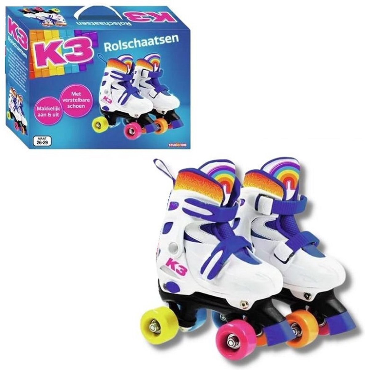 k3 rolschaatsen verstelbaar in 4 maten maat 26 29 met stopper wit regenboog