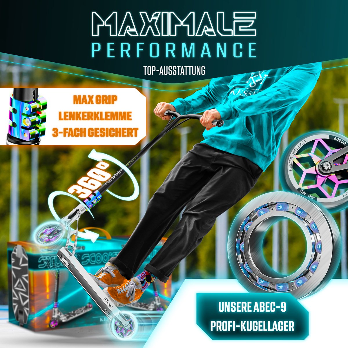 KESSER® Stuntstep GT-Limit 360° voor Volwassenen en Kinderen - Step met Standaard ABEC 9 Kogellagers, 110 mm PU Wielen Stunt Scooter - Zilver Step kopen online
