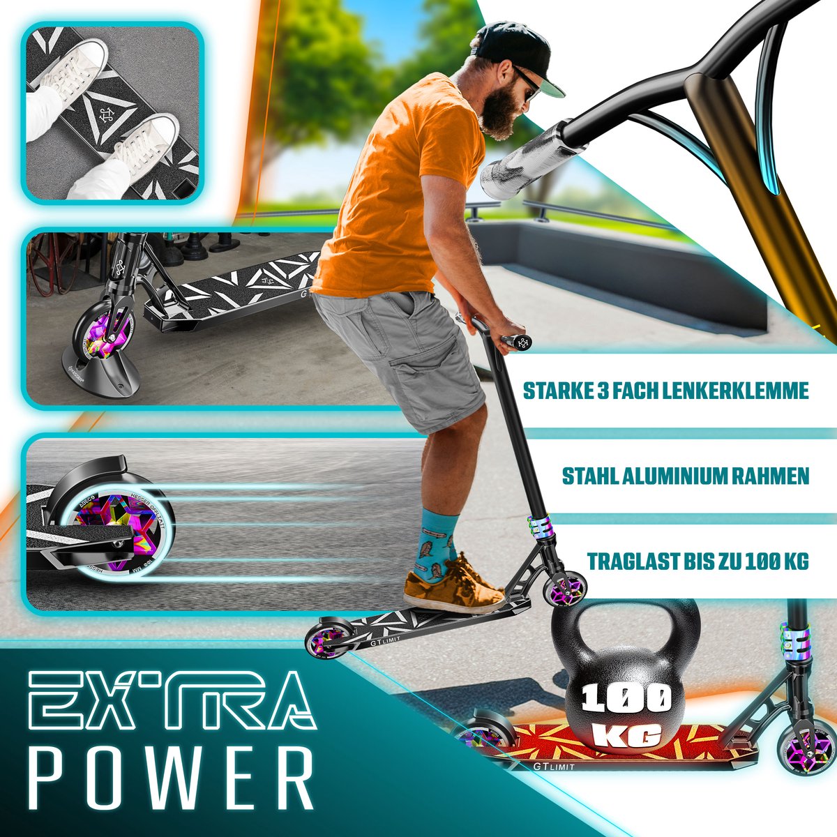 KESSER® Stuntstep GT-Limit 360° voor Volwassenen en Kinderen - Step met Standaard ABEC 9 Kogellagers, 110 mm PU Wielen Stunt Scooter - Zwart / Regenboog Step kopen online