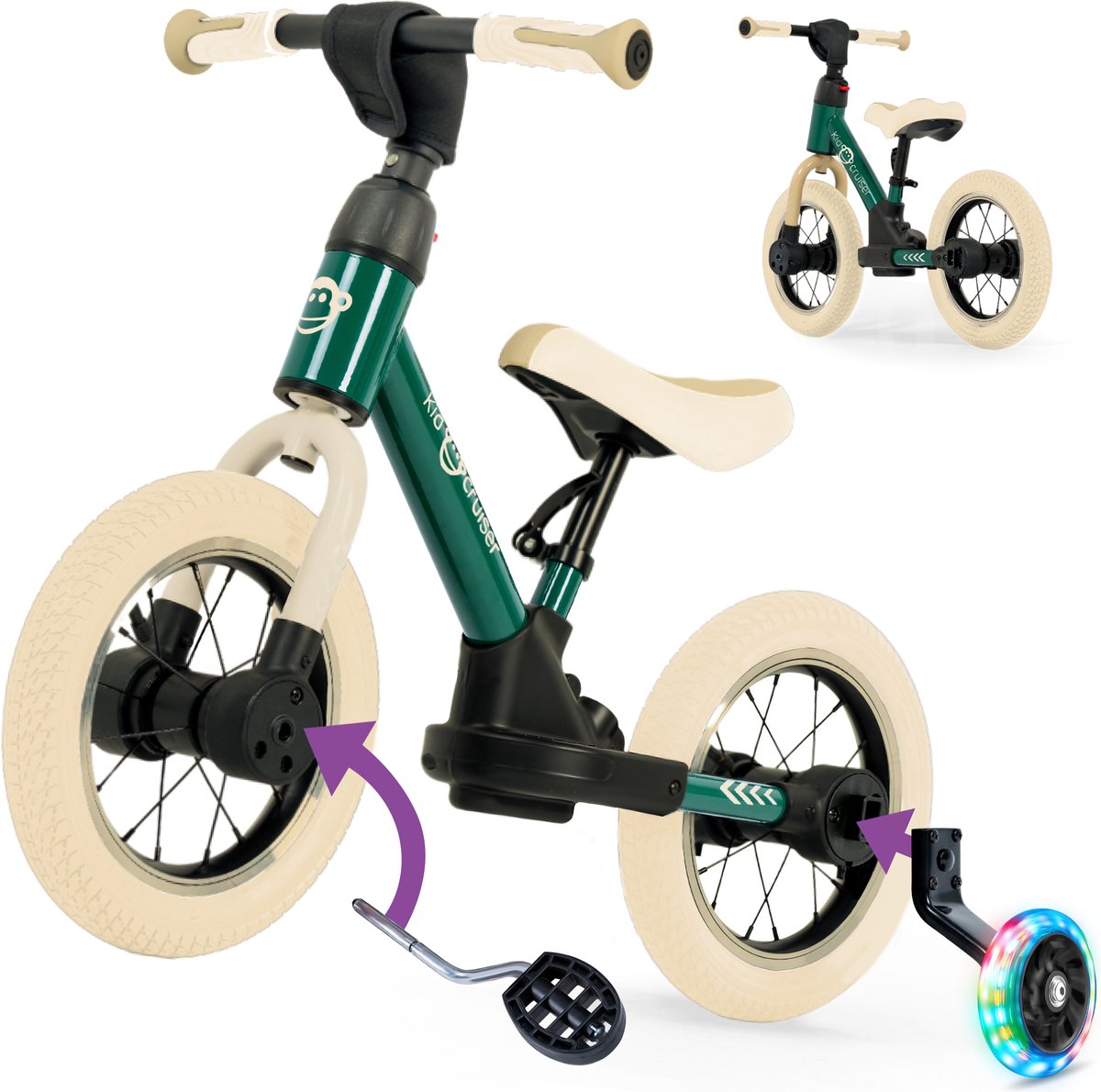 kidcruiser loopfiets 2 jaar met led zijwieltjes trappers 3 in 1 kinderfiets 12 inch donker groen creme wit modulair design driewieler loopfiets