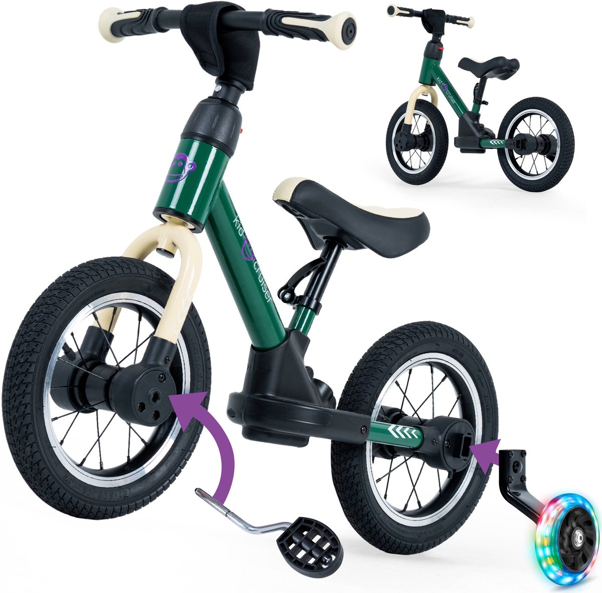Kidcruiser Loopfiets 2+ jaar - Met LED Zijwieltjes & Trappers - 3-in-1 Kinderfiets - 12 inch – Donker Groen – Modulair Design - Driewieler loopfiets Loopfiets kopen online