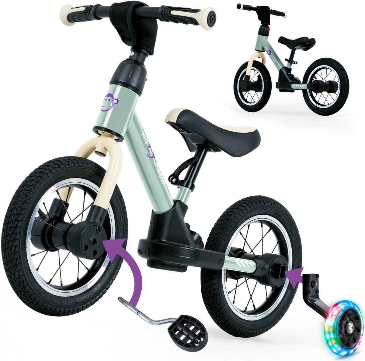 Kidcruiser Loopfiets 2+ jaar - Met LED Zijwieltjes & Trappers - 3-in-1 Kinderfiets - 12 inch – Lichtgroen – Modulair Design - Driewieler loopfiets Loopfiets kopen online