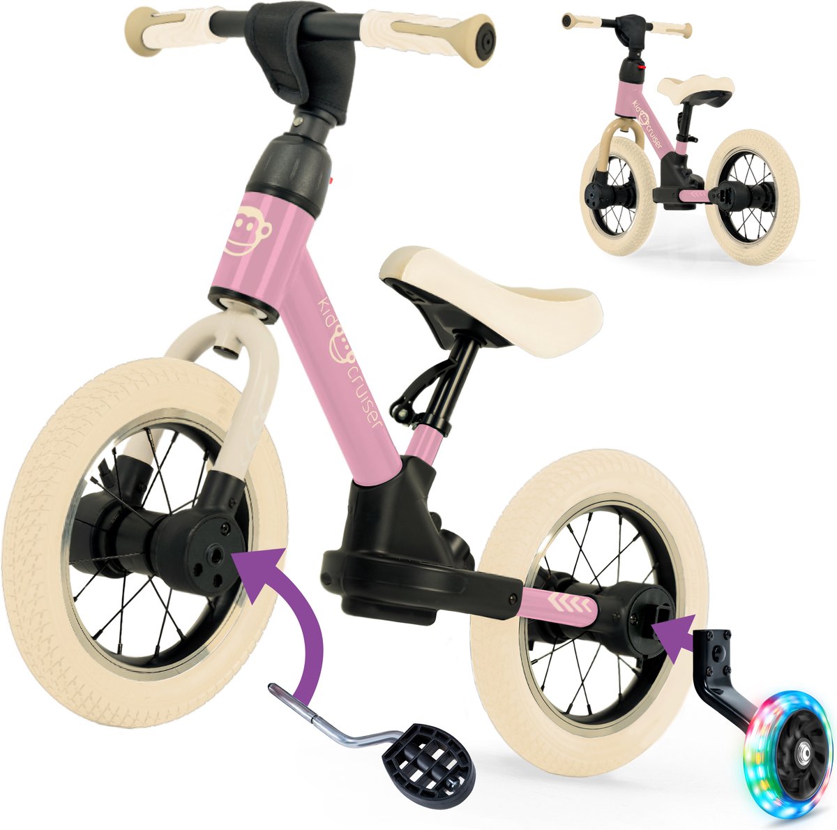 Kidcruiser Loopfiets 2+ jaar - Met LED Zijwieltjes & Trappers - 3-in-1 Kinderfiets - 12 inch – Roze & Creme wit – Modulair Design - Driewieler loopfiets Loopfiets kopen online