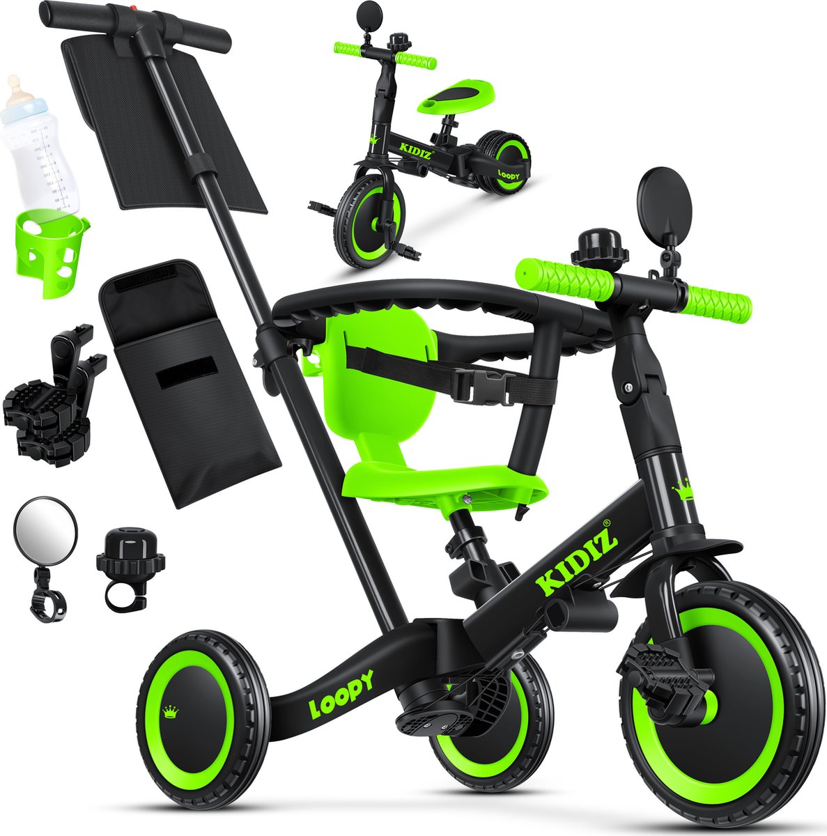 kidiz loopfiets 6in1 voor jongens en meisjes van 1 tot 5 jaar driewieler voor kinderen tot 25 kg kinderfiets zwart