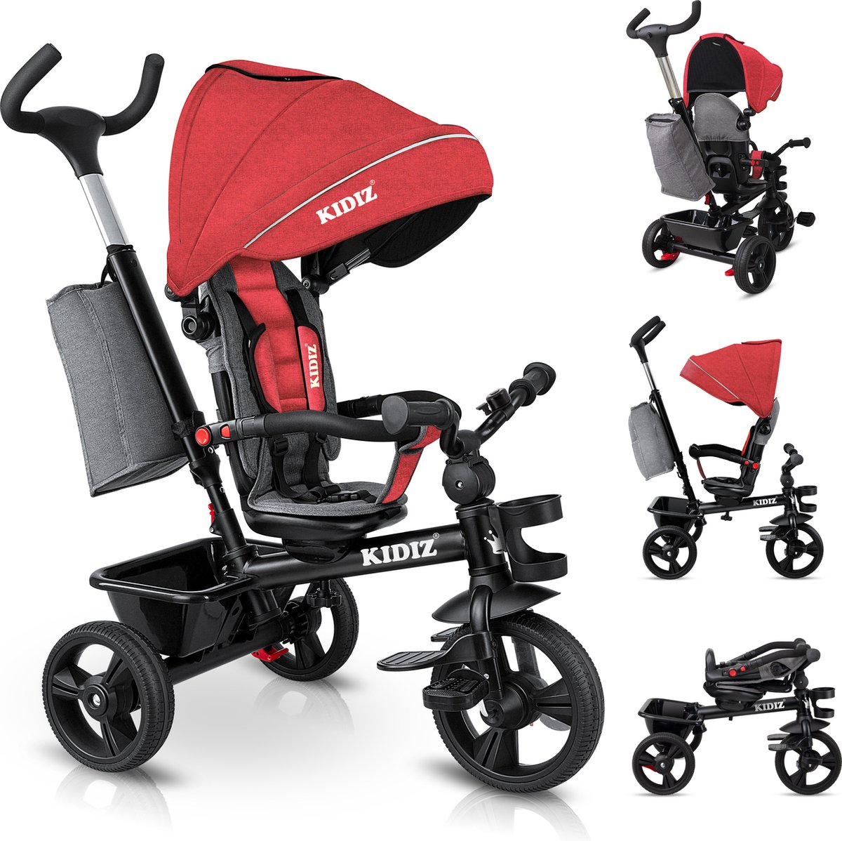KIDIZ® Loopfiets Driewieler 5in1 Kinderfiets kinderdriewielerfiets 1 jaar vooruit en achteruit Jogger , mand tas drinkhouder zonnekap rubberen wielen, buggy fiets baby opvouwbaar driewielfiets - Rood Loopfiets kopen online