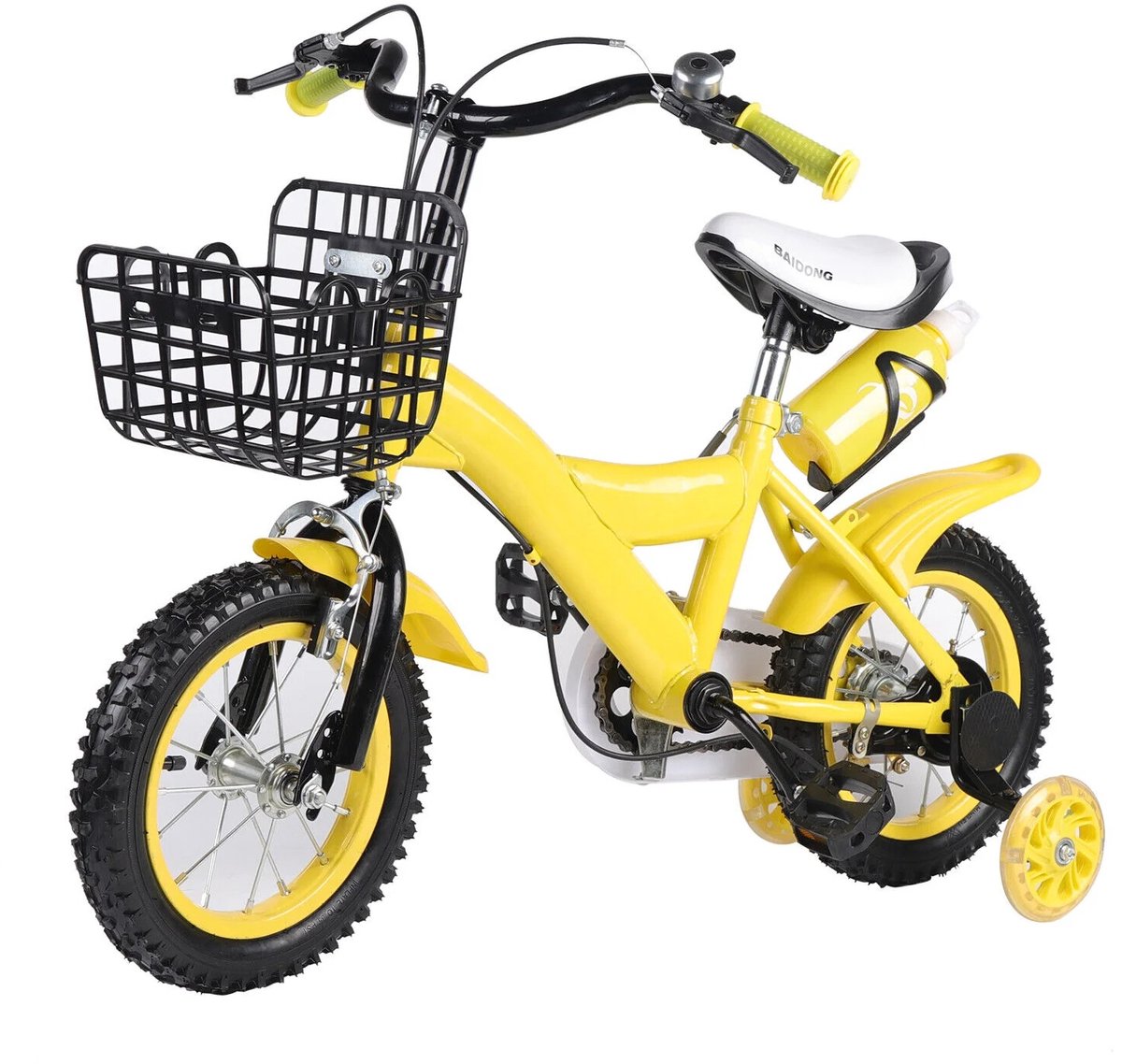 Kinderfiets - 12 inch - Met Zijwieltjes - Met Mandje - Met Fleshouder - Koolstofstaal Frame Voor Stabiliteit - Geel Kinderfiets kopen online