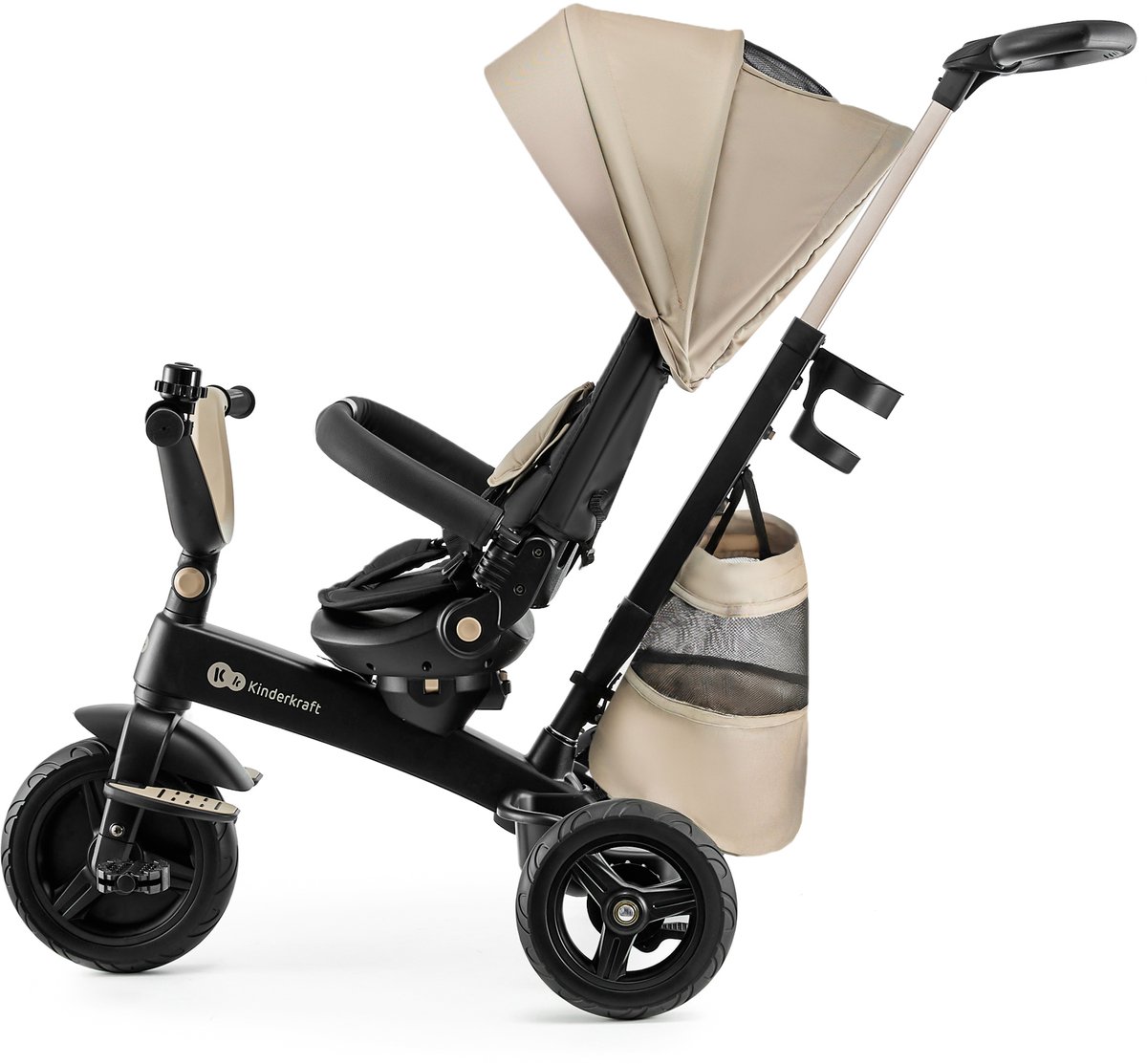 kinderkraft easytwist driewieler voor kinderen vanaf 9 maanden 360 draaibare zit verstelbaar en opvouwbaar met zonnescherm en opbergruimte beige
