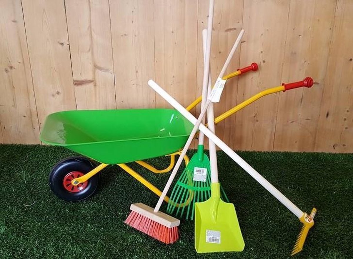 Kindertuingereedschap met groene kruiwagen Speelgoedkruiwagen kopen online