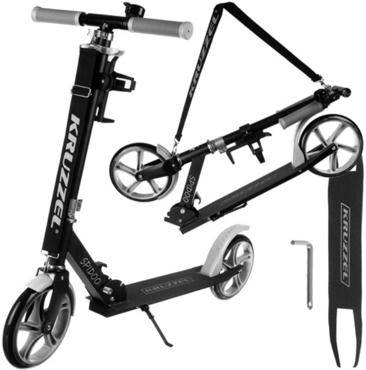 ''Kruzzel - Kinderstep Opvouwbaar – Grote 200 mm Wielen – Verstelbaar Stuur – Lichtgewicht Aluminium – Inclusief Bel, Waterfleshouder & Draagriem – Zwart/Grijs – Inclusief Gratis E-Book'' Step kopen online