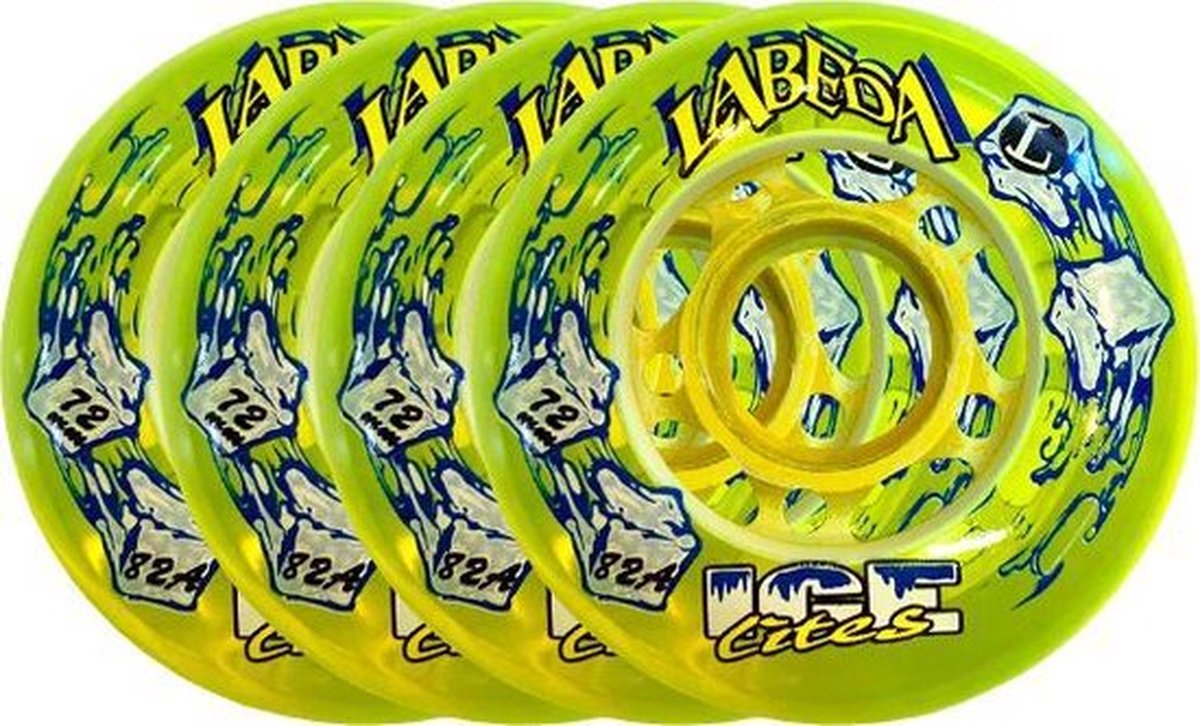 Labeda wielen voor inlineskates set van 4 wielen + Kogellagers ABEC1 Metaal 16-pack - Ice Lites 72mm 82A - Clear geel Skateonderdeel kopen online