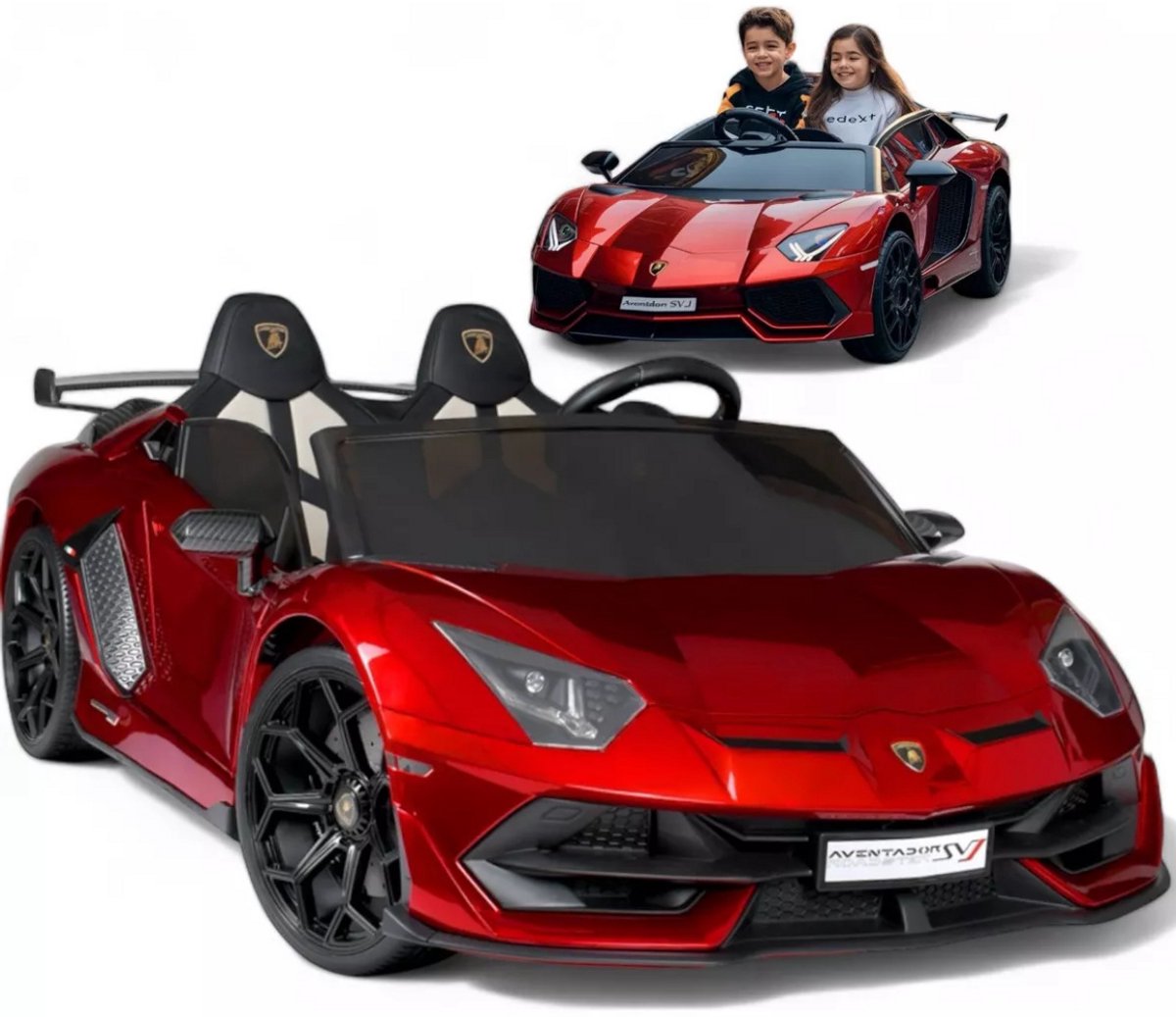 Lamborghini Aventador SVJ 2-Persoons elektrische kinderauto 24V met Afstandsbediening met rubberen banden en lederzitje (Rood) Accuvoertuig kopen online