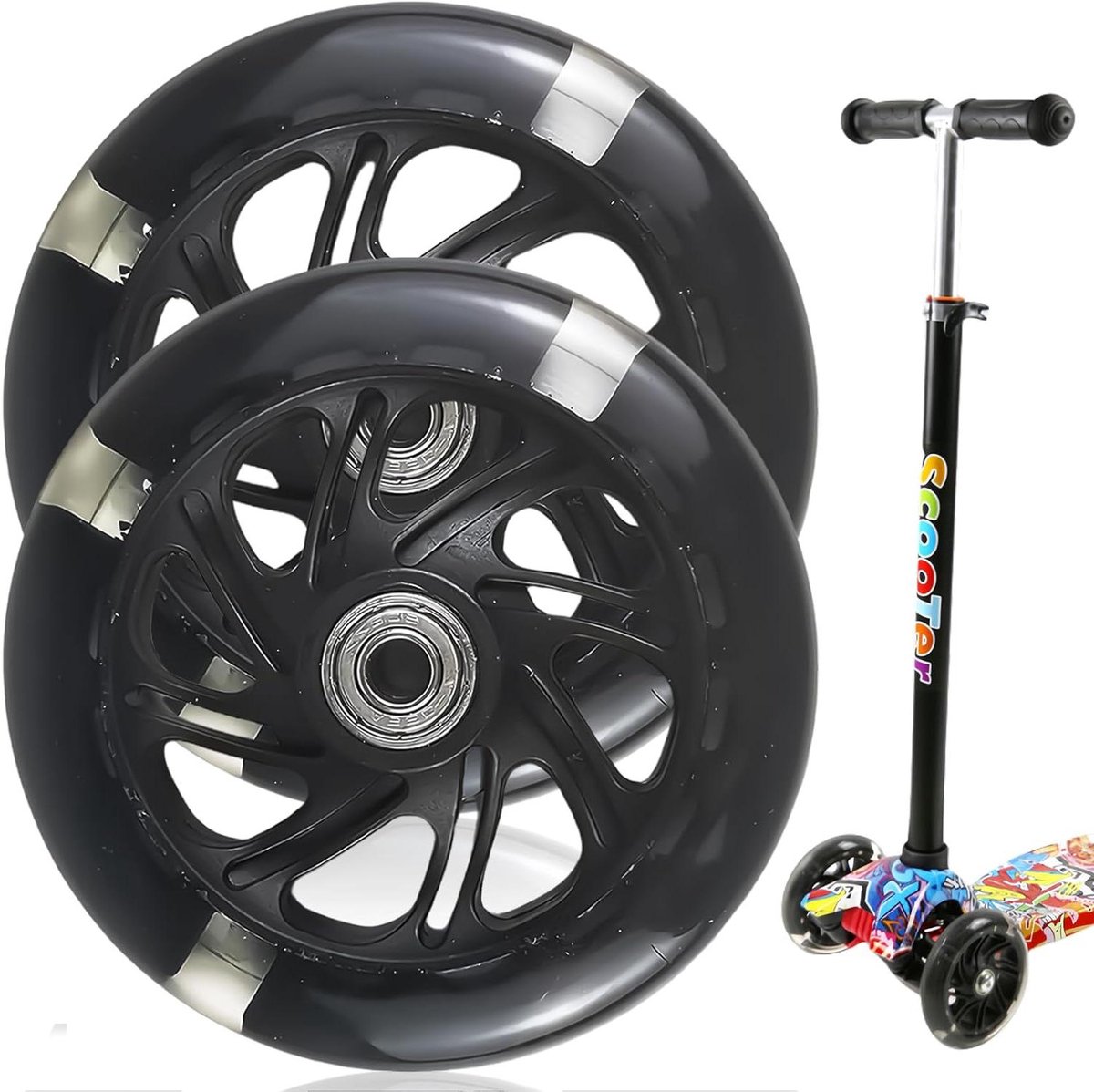 LED Light Wheels 100 mm ABEC 9 Ball Bearings Suitable for All Scooters with 100 mm Wheels Black - Set of 2 Skateonderdeel kopen online