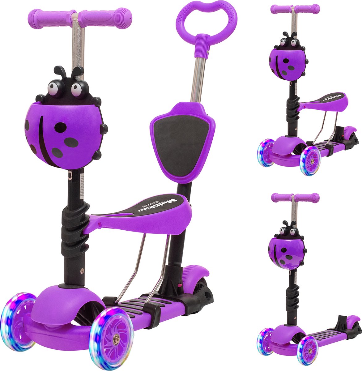 LifeGoods MultiRider - Kinderstep met Duwstang - 3 tot 8 Jaar - Hoogte Verstelbaar - Jongens/Meisjes - Lichtgevende LED Wielen - Paars Step kopen online