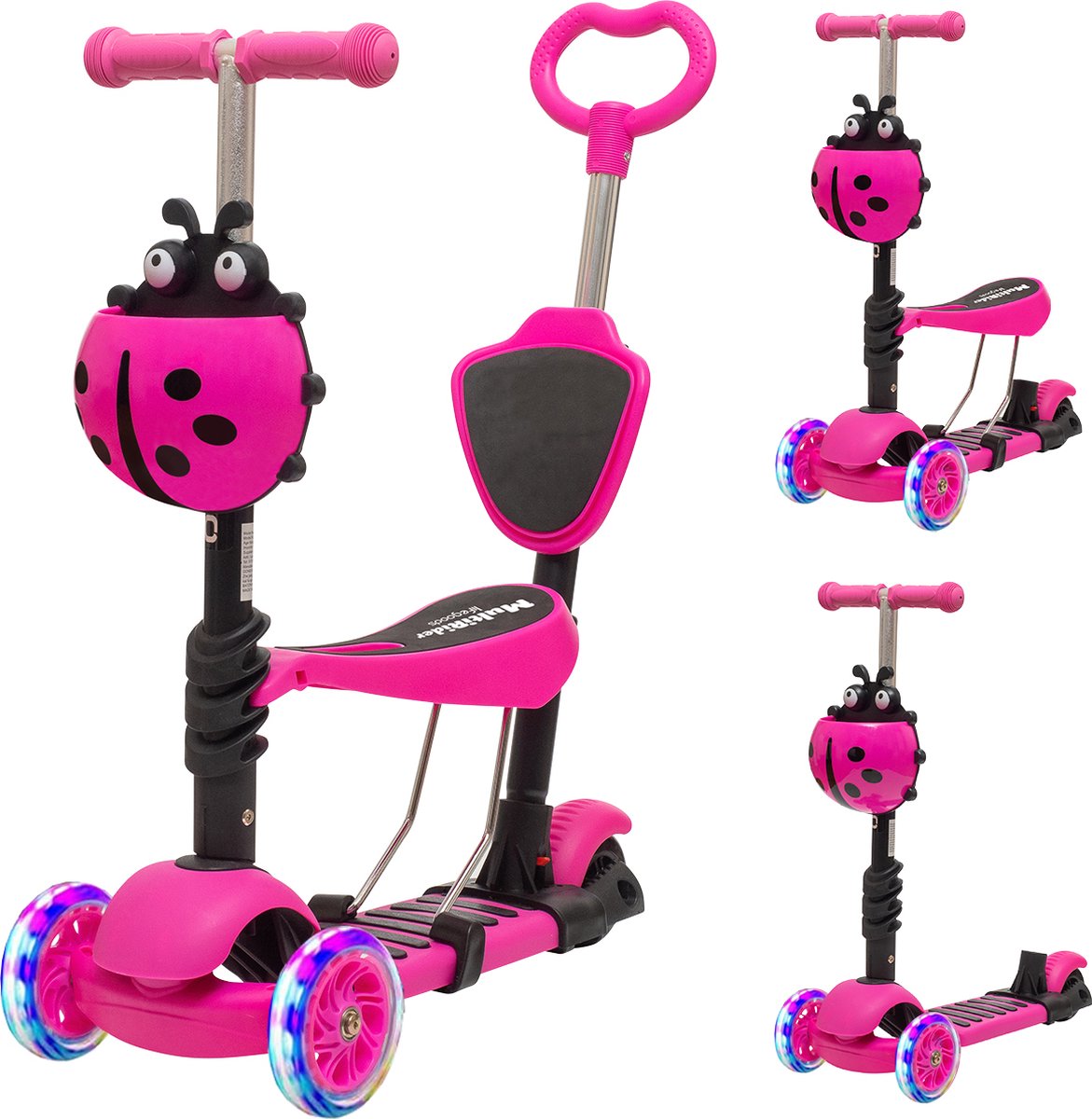 LifeGoods MultiRider - Kinderstep met Duwstang - 3 tot 8 Jaar - Hoogte Verstelbaar - Jongens/Meisjes - Lichtgevende LED Wielen - Roze Step kopen online