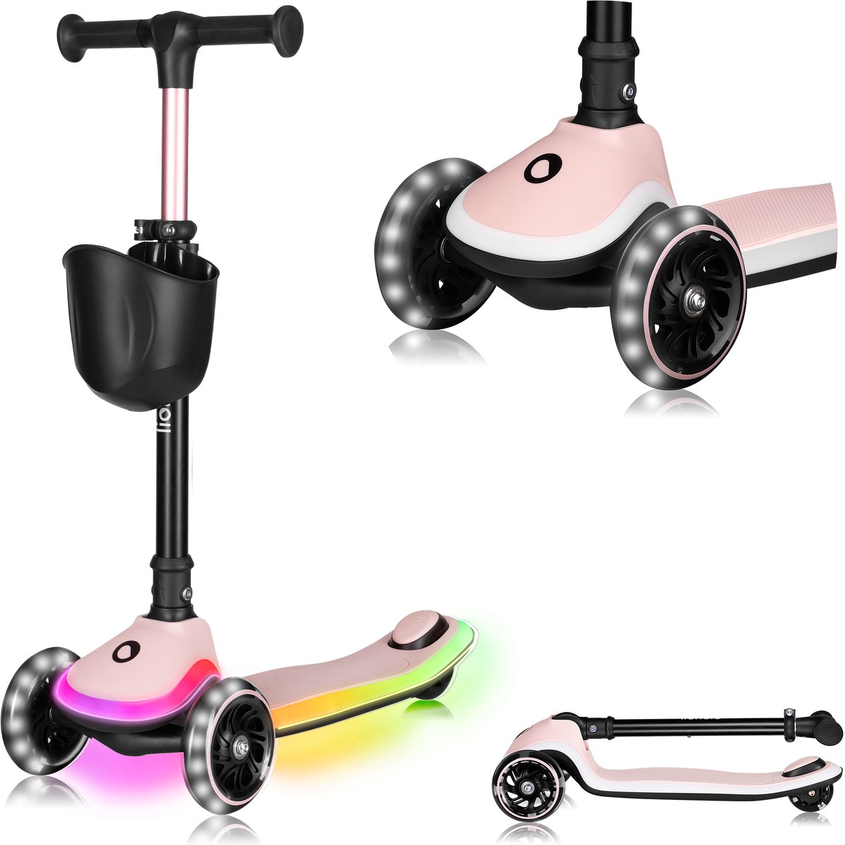 lionelo mey kinderstep led verlichting in wielen voetplateau inklapbaar stuur antislip deck mandje abec 7 lagers 4 hoogteposities tot 50 kg vanaf 3 jaar ergonomisch rem direct gebruiksklaar