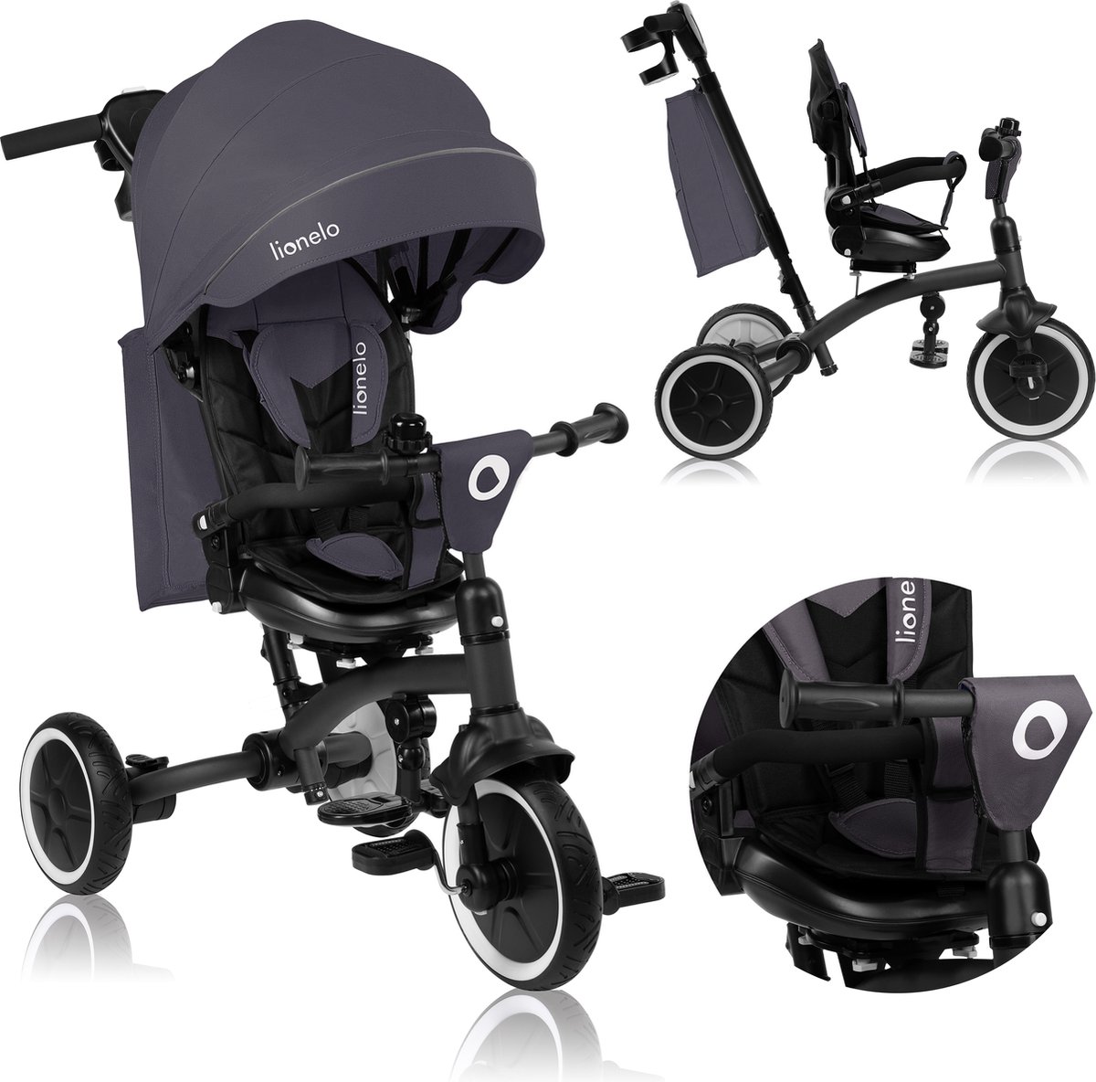 Lionelo Tris Plus - Driewieler - Kinderfiets 2-in-1 - tot 5 Jaar - 25kg - 360° draaibare zitting – verstelbare rugleuning – PU wielen – duwstang – vrijloop – reflecterend kapje – klikmontage – incl. accessoires Driewieler kopen online