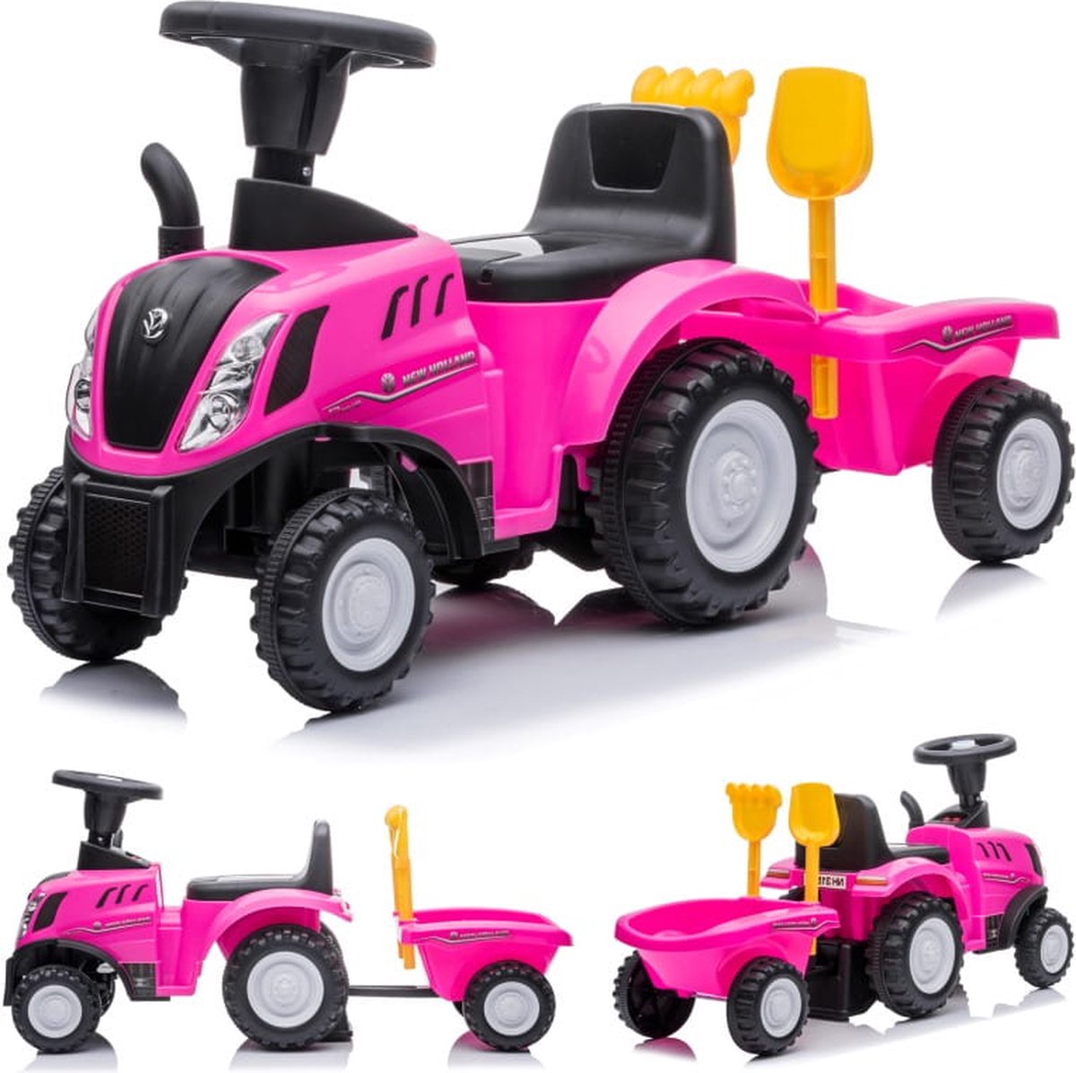 Loopauto Kinderschuifauto New Holland, tractor met aanhanger, kindervoertuig loopauto met claxon, kunststof (Roze) Loopauto kopen online