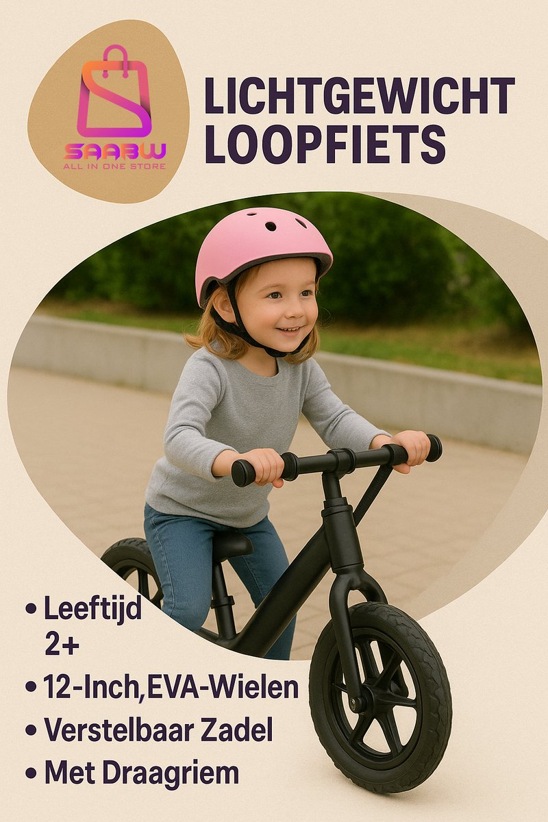 Loopfiets Kind Zwart – Lichtgewicht Kinderfiets 12 Inch – Verstelbaar Zadel – Inclusief Draagriem kinderfietsen – EVA Wielen – loopfiets 2 jaar – loopfiets 3 jaar - 56308 Loopfiets kopen online