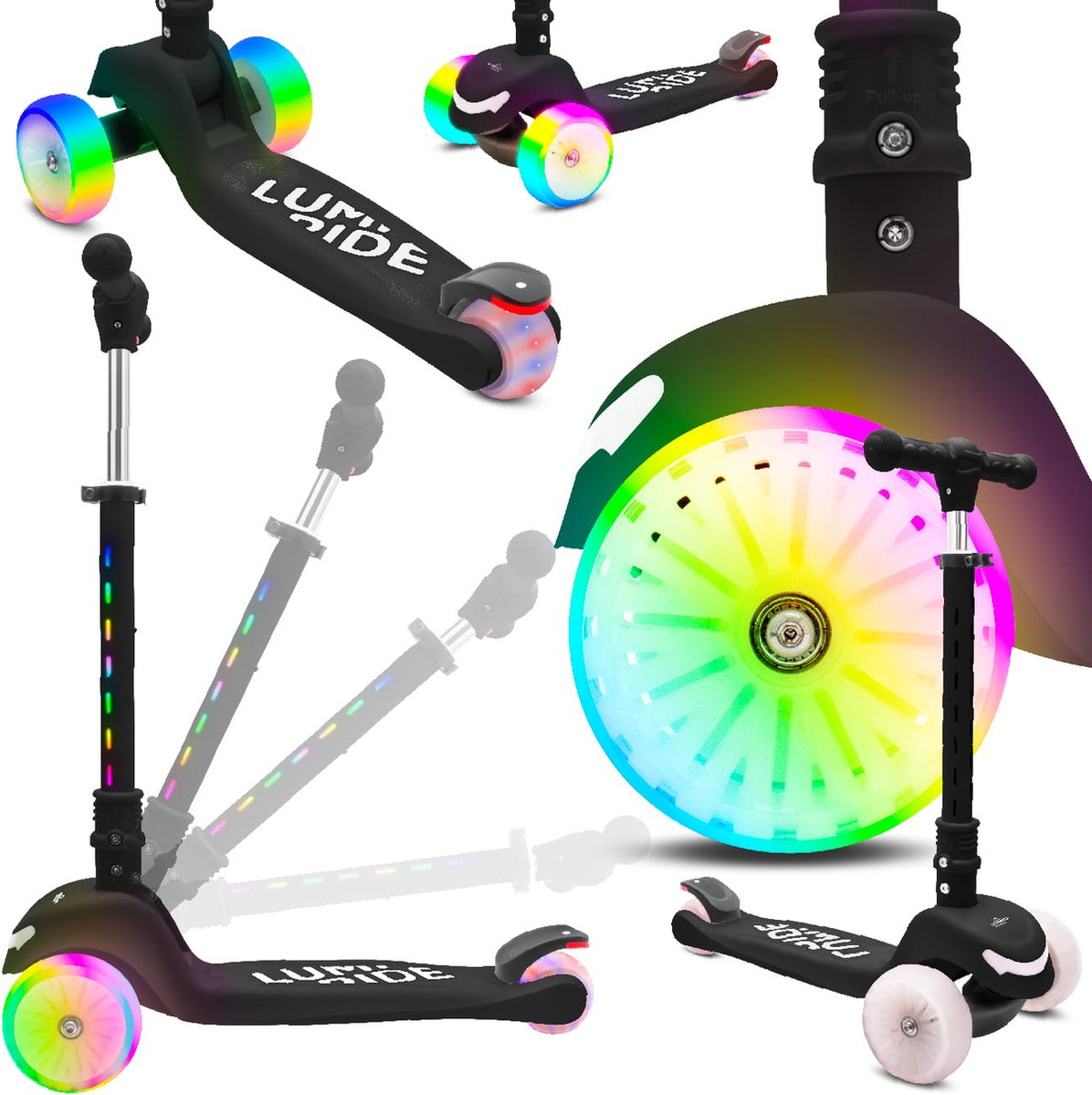 LUMI RIDE Kinderstep 3 wielen, Scooter voor kinderen driewieler, Zwart, Balance LED, Inklapbaar, Verstelbaar Stuur, Voetrem, Antislip Dek, Afneembaar Stuur Step kopen online