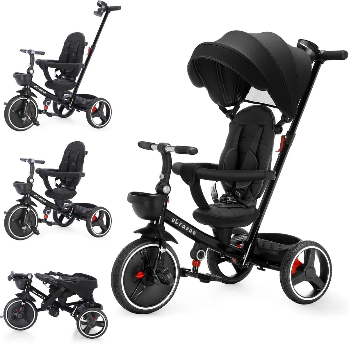 Maison Nordique - Driewieler met duwstang - Driewielers - Loopfietsen - Driewieler - Buggy - 6 in 1 - 6 maanden t/m 4 jaar - Zwart Driewieler kopen online