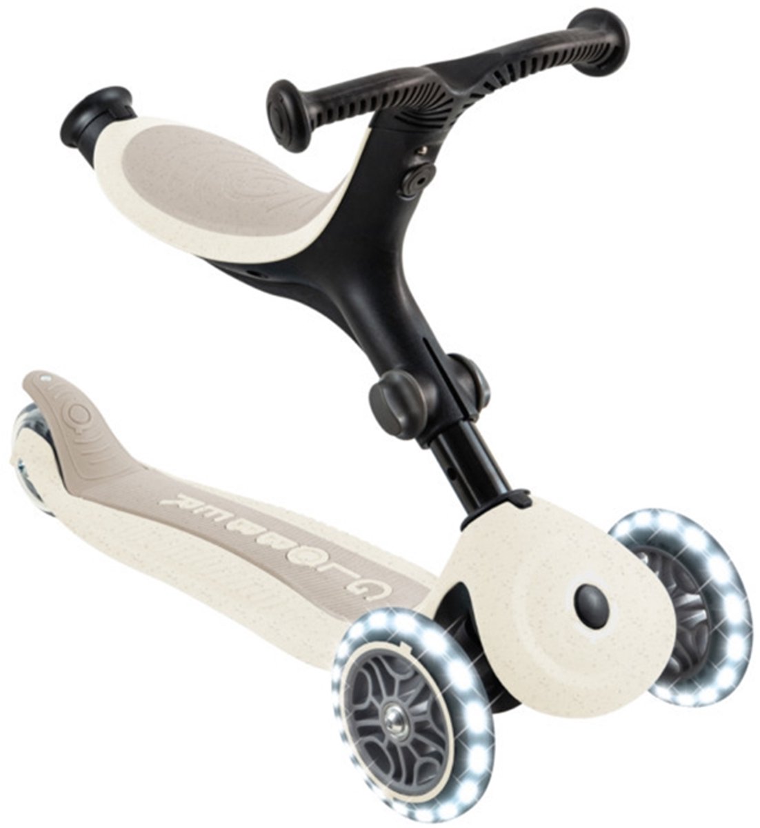 meegroeistep globber go up active lights coconut beige lichtgevende wielen met duwstang in hoogte verstelbaar vanaf 15 maanden tot 9 jaar