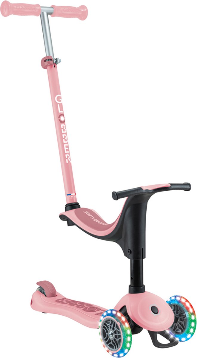 meegroeistep globber go up sporty lights pastel pink roze lichtgevende wielen met duwstang in hoogte verstelbaar vanaf 12 maanden tot 7 jaar
