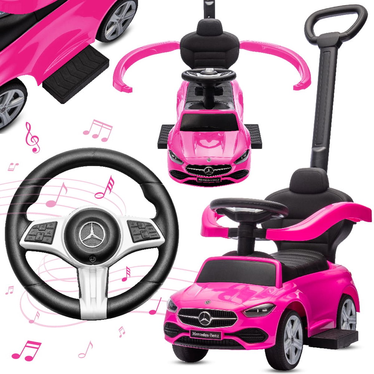 mercedes c class kindervoertuig 4in1 loopauto met claxon opbergruimte voetsteun duwstang tot 2 jaar max 27 kg baby ride on roze