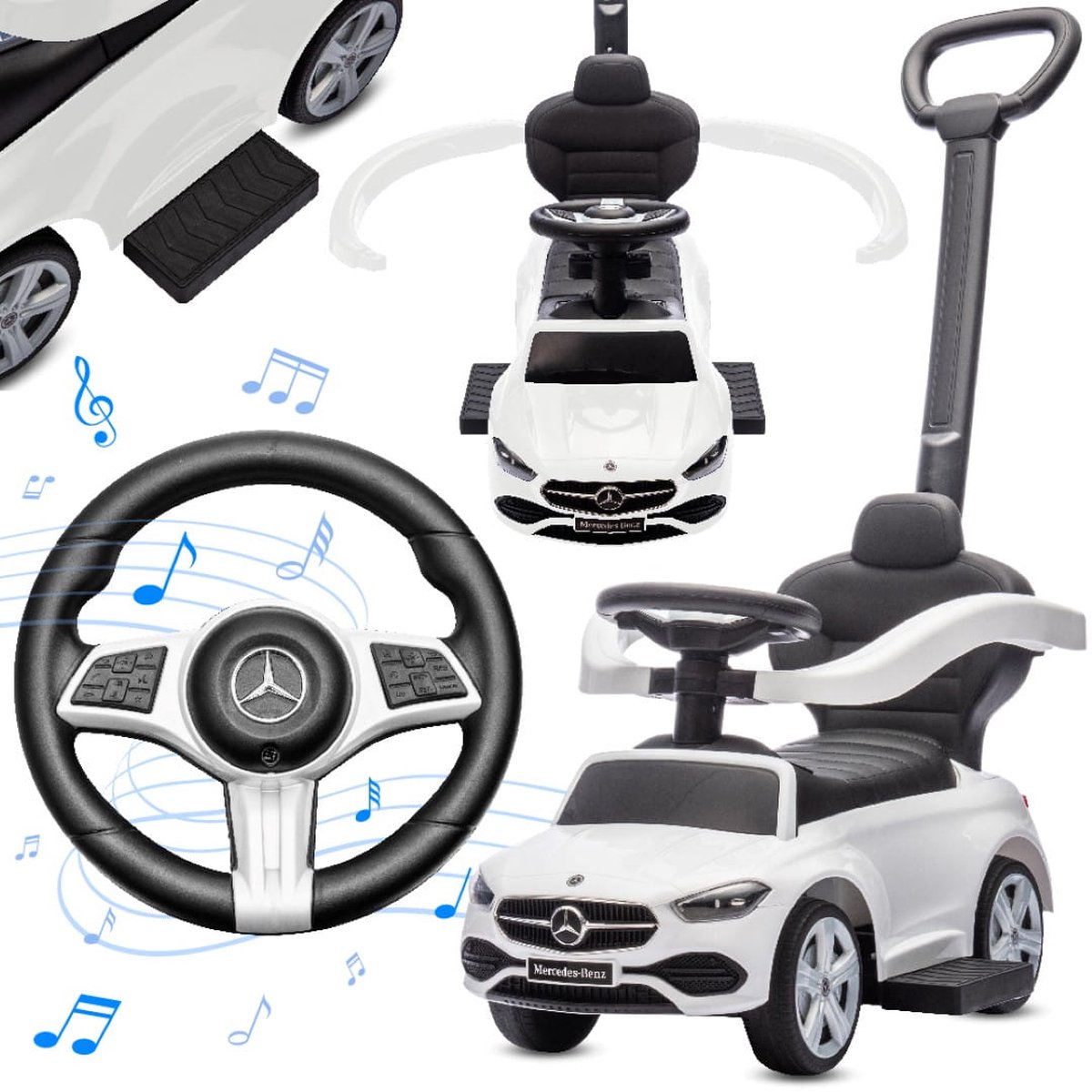 Mercedes C-Class Kindervoertuig 4in1, loopauto met Claxon, Opbergruimte, Voetsteun, Duwstang, tot 2 jaar, max 27 kg, baby ride on (Wit) Loopauto kopen online