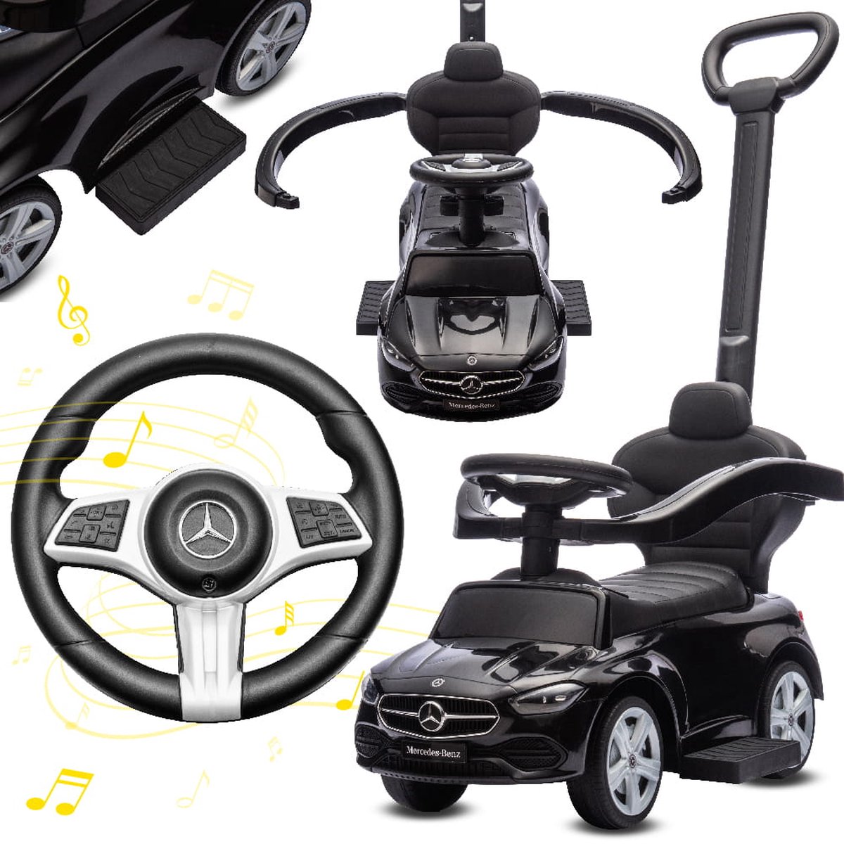 Mercedes C-Class Kindervoertuig 4in1, loopauto met Claxon, Opbergruimte, Voetsteun, Duwstang, tot 2 jaar, max 27 kg, baby ride on (Zwart) Loopauto kopen online