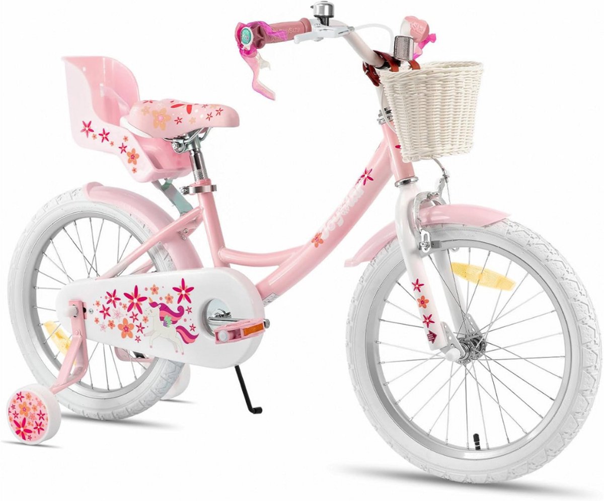 MMM® Kinderfiets 18 Inch - Kinderfiets 16 Inch - Fiets - voor Meisjes van 2 tot 7 jaar - met Poppenzitje, Steunwielen en Mandje- Roze - 102 cm x 50 cm x 22 cm Kinderfiets kopen online
