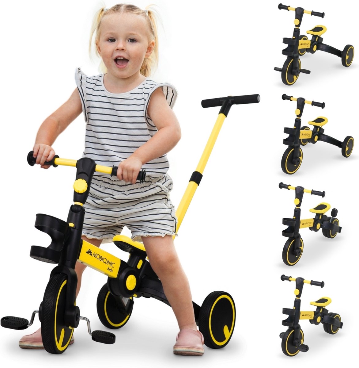 Mobiclinic Chase - 5 in 1 driewieler - Evolutionair - Verstelbaar stuur - Max 25 kg - Lichtgewicht - Tot 5 jaar - Loopfiets - Geel Driewieler kopen online