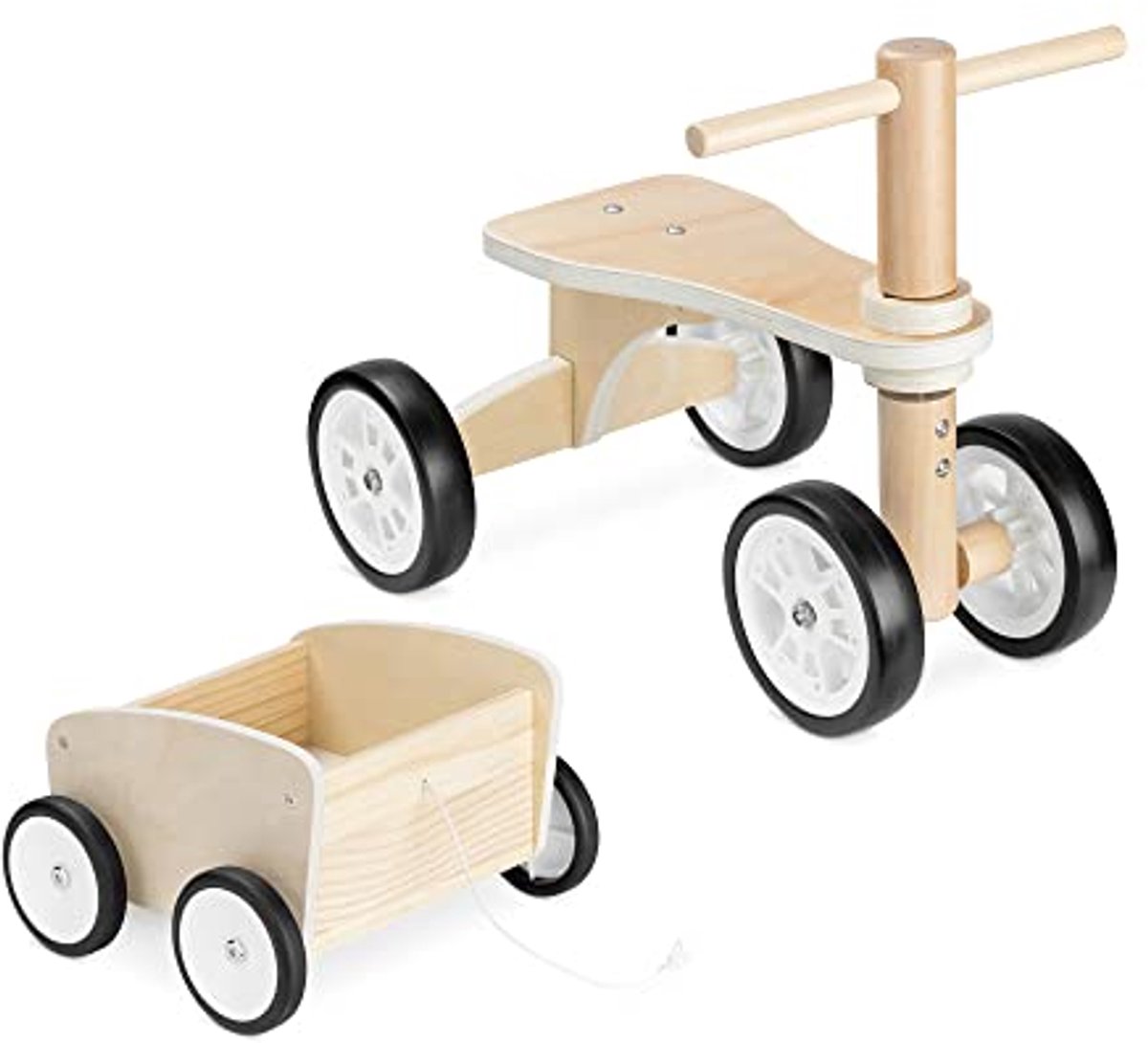 navaris wooden balance bike with trailer toddler bike made of wood with 4 wheels from 18 months for boys and girls