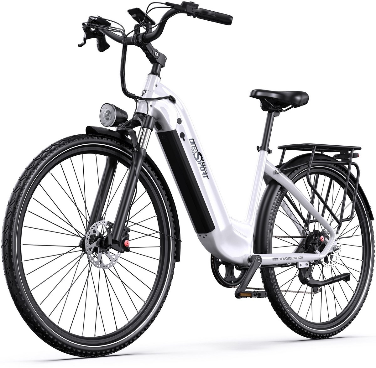onesport ot05pro elektrische fiets 810wh accu 140 km actieradius 28 inch wielen shimano 7 versnellingen hydraulische schijfremmen aluminium frame lcd display app elektrische stadsfiets wit