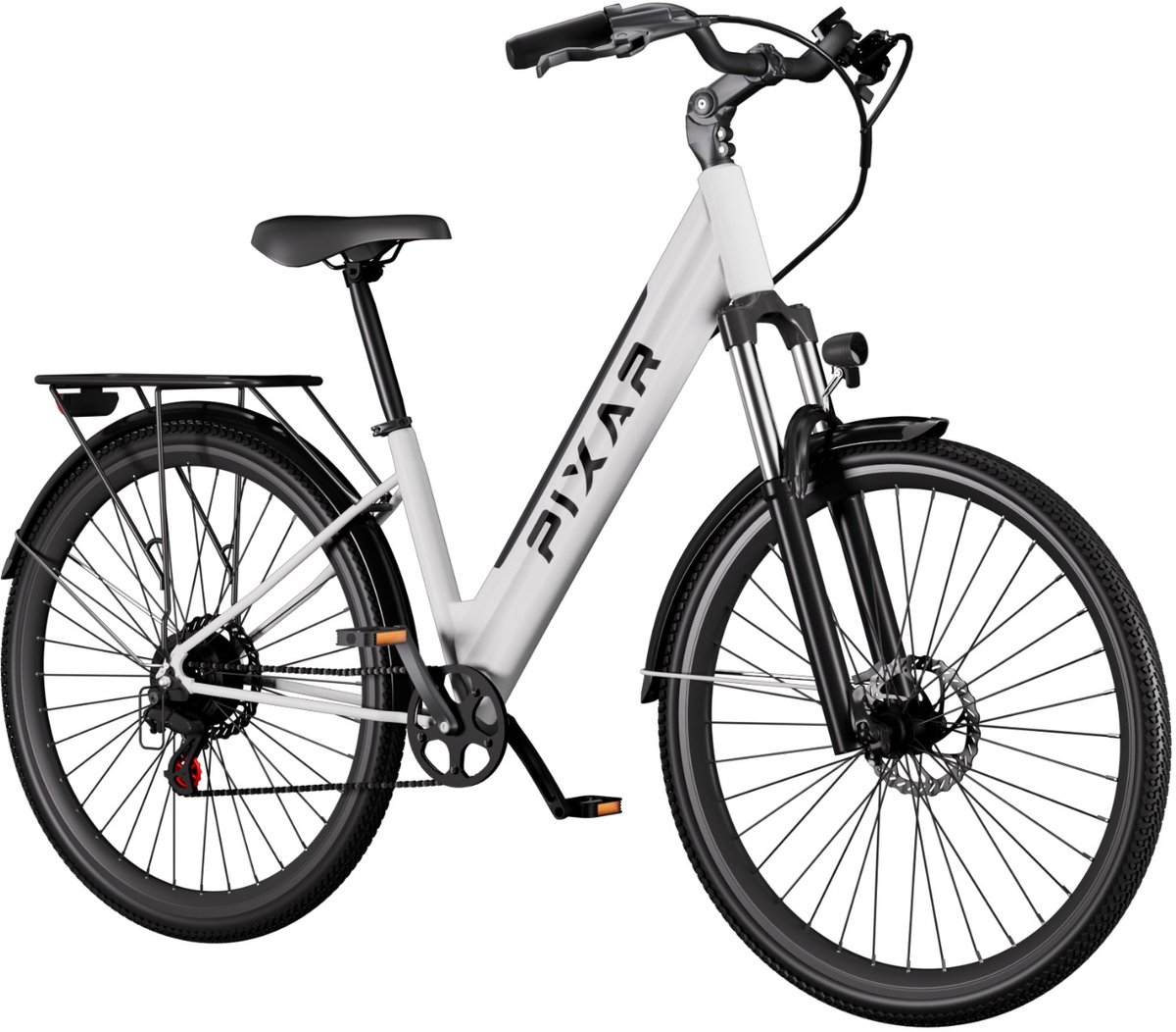 pixar cruiser elektrische fiets 250w motor 36v12 8ah batterij 27 5 band shimano 7 versnellingen maximaal bereik van 80 km wit
