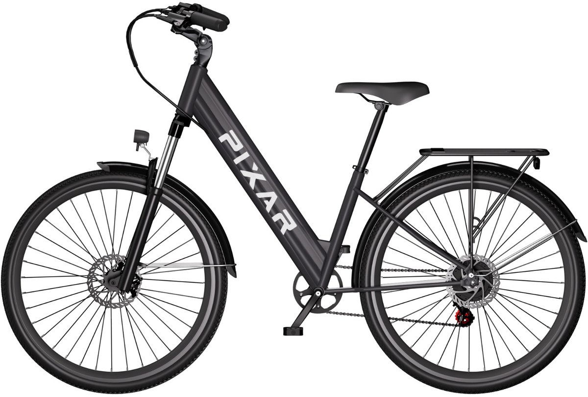 pixar cruiser elektrische fiets 250w motor 36v12 8ah batterij 27 5 band shimano 7 versnellingen maximaal bereik van 80 km zwart