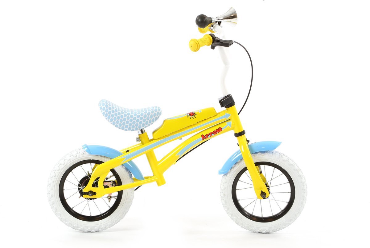 Popal Arrow - Loopfiets - 12 inch - Blauw - kinderfiets - fiets - peuterfiets - geel - blauw - 12 inch Loopfiets kopen online