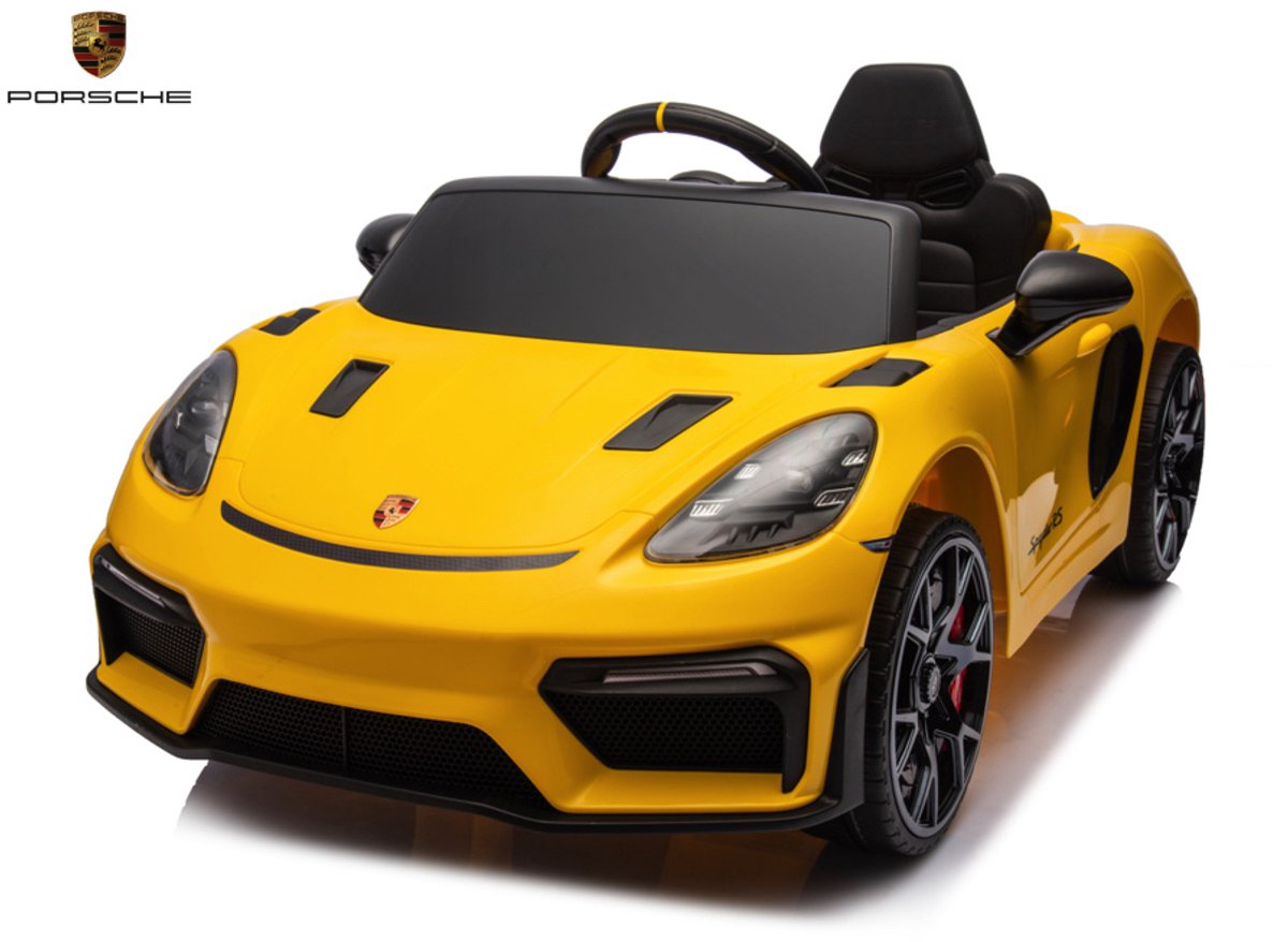 Porsche Spyder RS Geel, 12 volt Kinder Accu Auto, rubberen banden, leder zitje en meer! Accuvoertuig kopen online