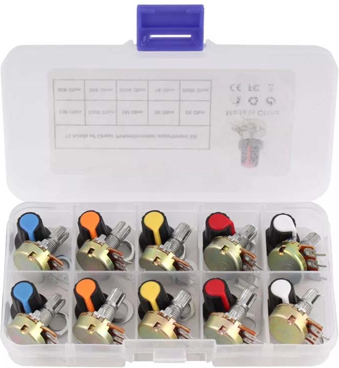 Potentiometer met knoppen set van 10 stuks - 1K, 2K, 5K, 10K, 20K, 50K, 100K, 250K, 500K, 1M ohm Accuvoertuig kopen online