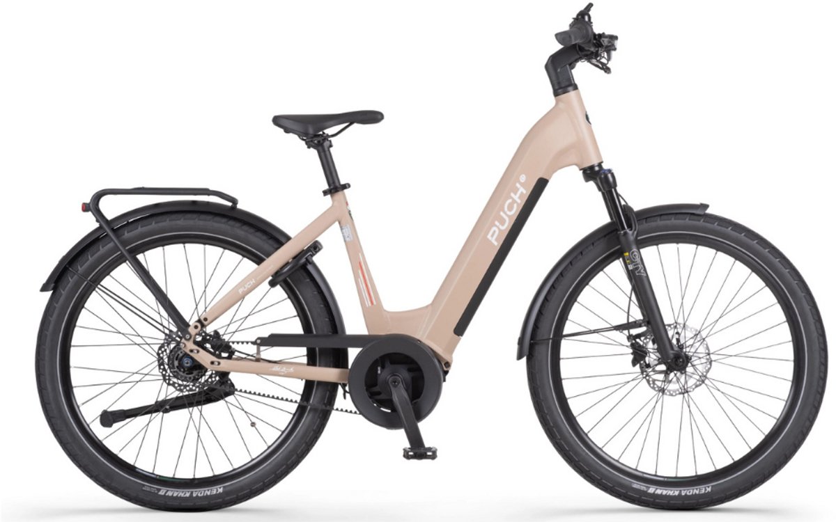 puch e felice n7 belt elektrische fiets e bike rijklaar geleverd lage instap framemaat 48 riemaandrijving uitneembare accu 28 inch 250w ananda middenmotor 120 km actieradius matt beige