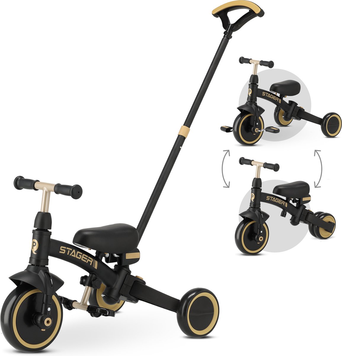 qplay stager driewieler 3 in 1 opvouwbaar zwart goud