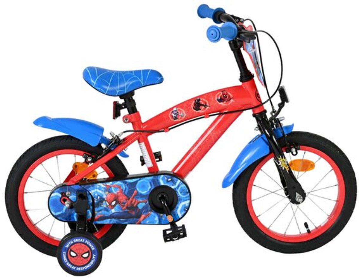 spider man kinderfiets jongens 14 inch blauw rood twee handremmen