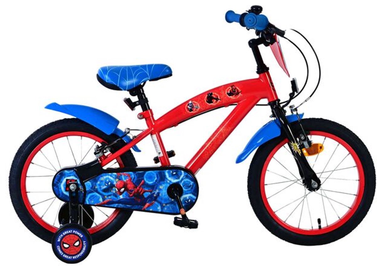 spider man kinderfiets jongens 16 inch blauw rood twee handremmen