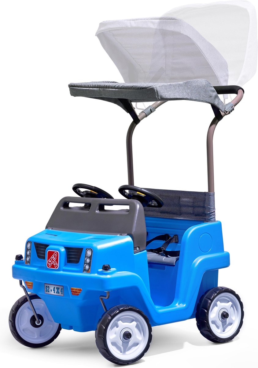 step2 looppauto side by side push around suv in blauw duwauto voor 2 kinderen luifel voor schaduw loopauto met duwstang luifel voor kinderen vanaf 2 jaar