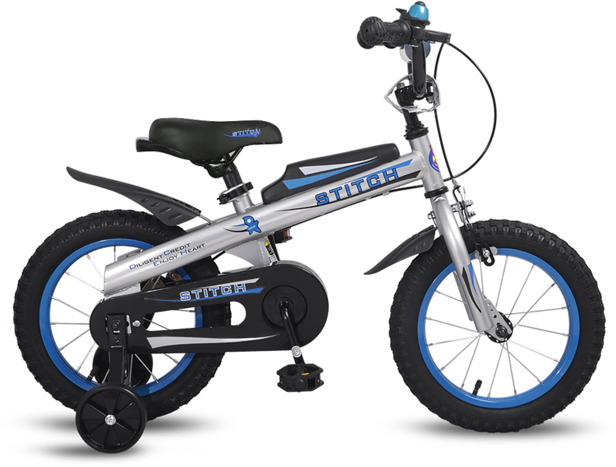 Stitch Chevalier kinderfiets voor jongens en meisjes - 14 inch - zijwieltjes - bellen - handremmen - blauw Kinderfiets kopen online